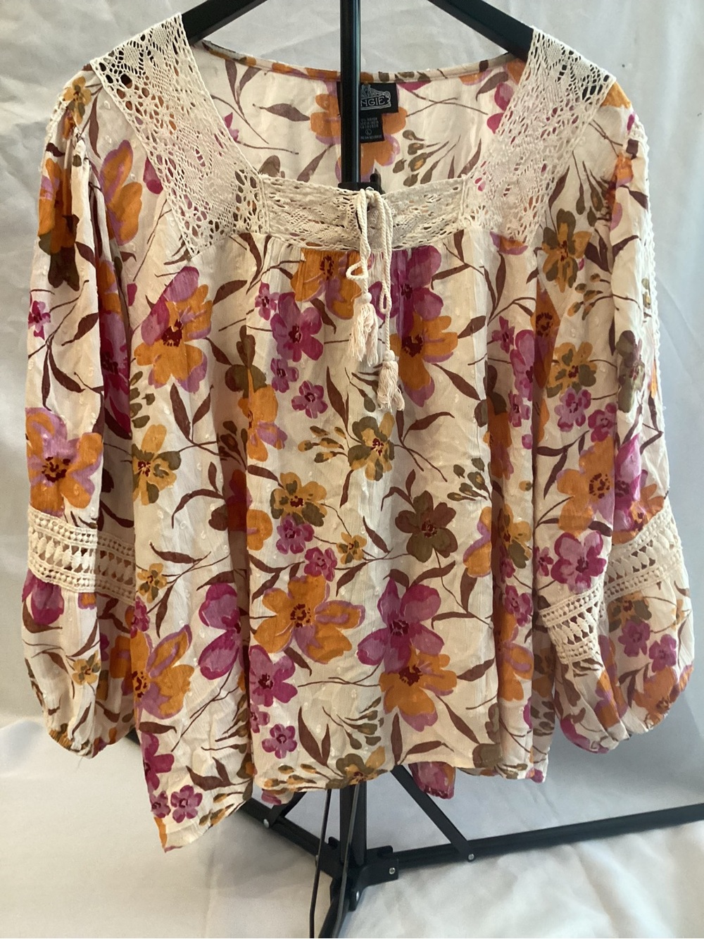Angie Floral Crochet Trim Blouse in Cream, Mustard, Pink